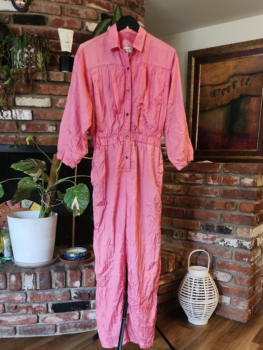 Vintage Abraxas Pink Nylon Rhinestone Utility Jumpsuit Size Small